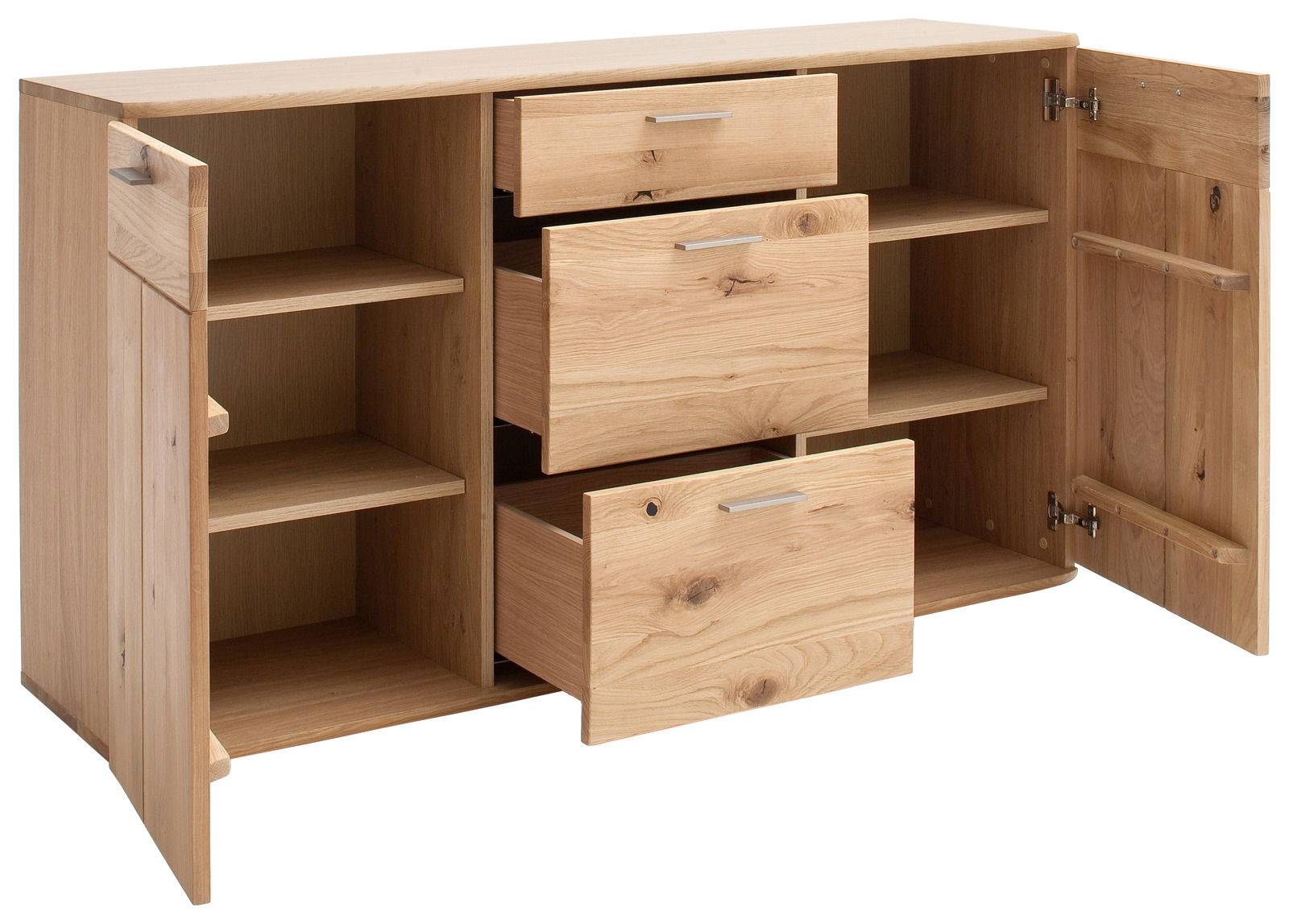 Linea Natura Sideboard NILO Holz-Sideboard mit offenen Schubladen und Türen, frontale Perspektive
