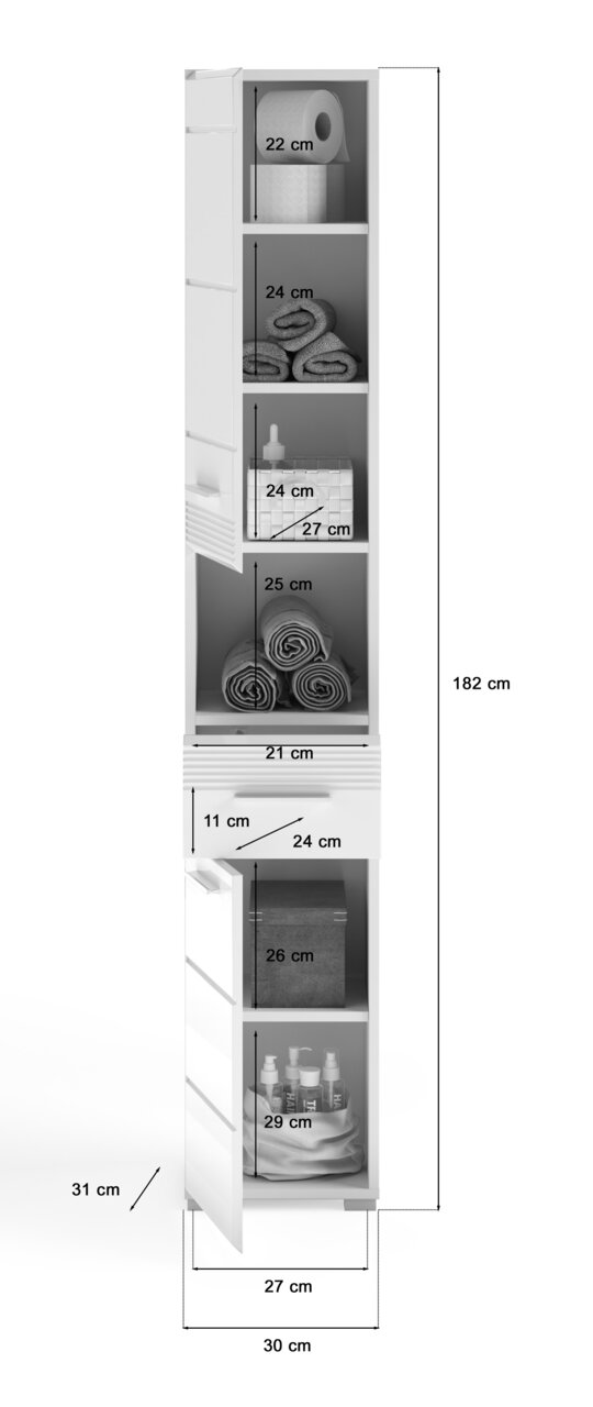 Hochschrank LINUS mit mehreren Fächern, gefüllt mit Handtüchern, Toilettenpapier und Pflegeprodukten, aus seitlicher Perspektive.