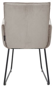 Rückansicht eines Armlehnstuhls mit gestreiftem Stoffbezug und schwarzen Metallbeinen.