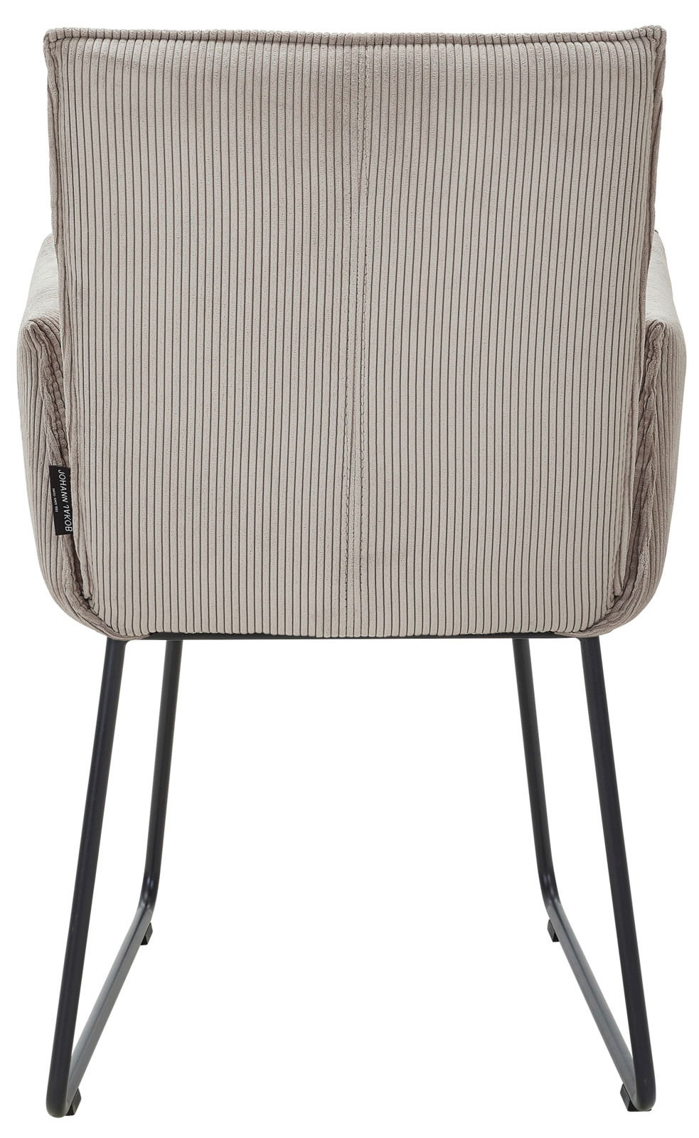 Rückansicht eines Armlehnstuhls mit gestreiftem Stoffbezug und schwarzen Metallbeinen.