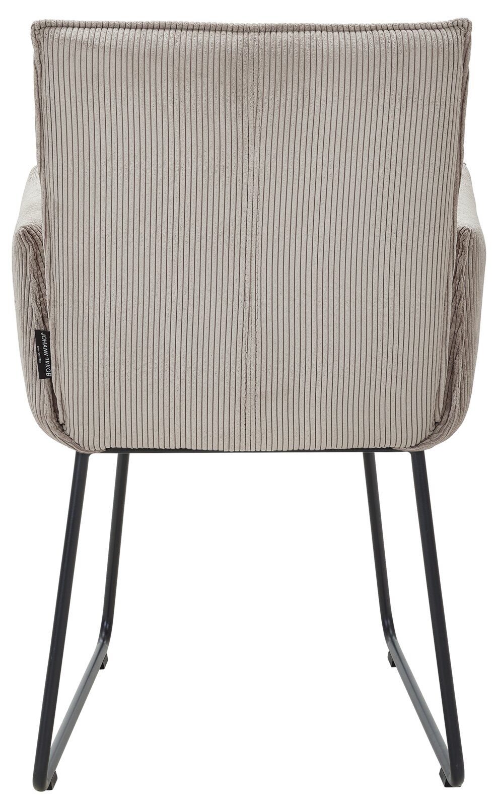 Johann Jakob Armlehnstuhl CALAS Rückansicht eines Armlehnstuhls mit gestreiftem Stoffbezug und schwarzen Metallbeinen.