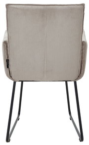 Rückansicht eines Armlehnstuhls mit gestreiftem Stoffbezug und schwarzen Metallbeinen.