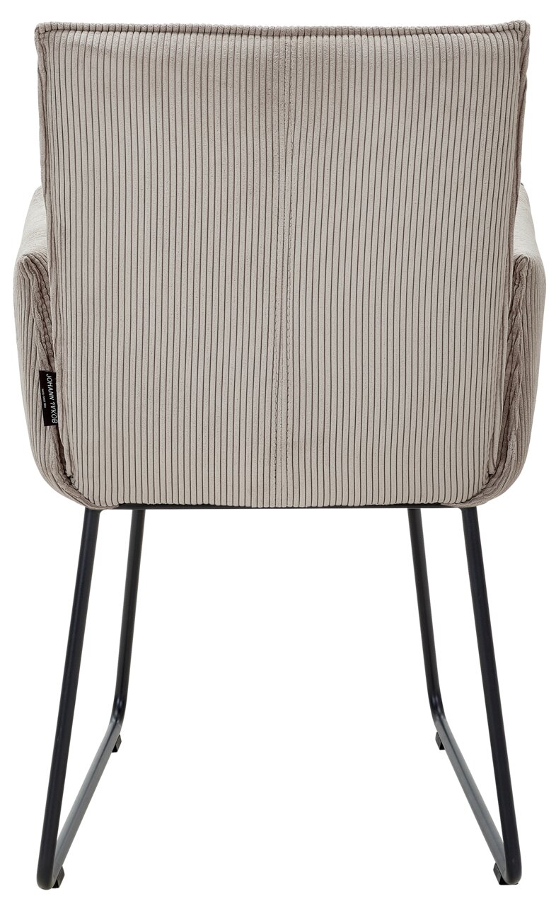 Rückansicht eines Armlehnstuhls mit gestreiftem Stoffbezug und schwarzen Metallbeinen.