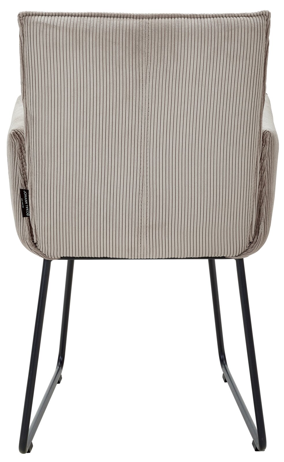 Johann Jakob Armlehnstuhl CALAS Rückansicht eines Armlehnstuhls mit gestreiftem Stoffbezug und schwarzen Metallbeinen.