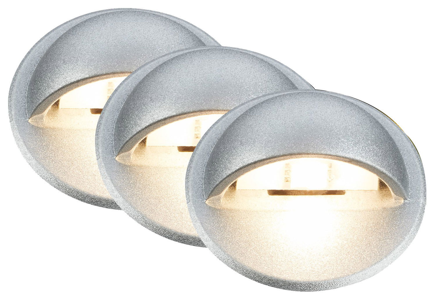 Briloner Einbaulicht-Starter-Set 3tlg. GARTENSYSTEM Drei runde Einbaulichter in silberner Farbe, frontal betrachtet, mit warmem Lichtschein.