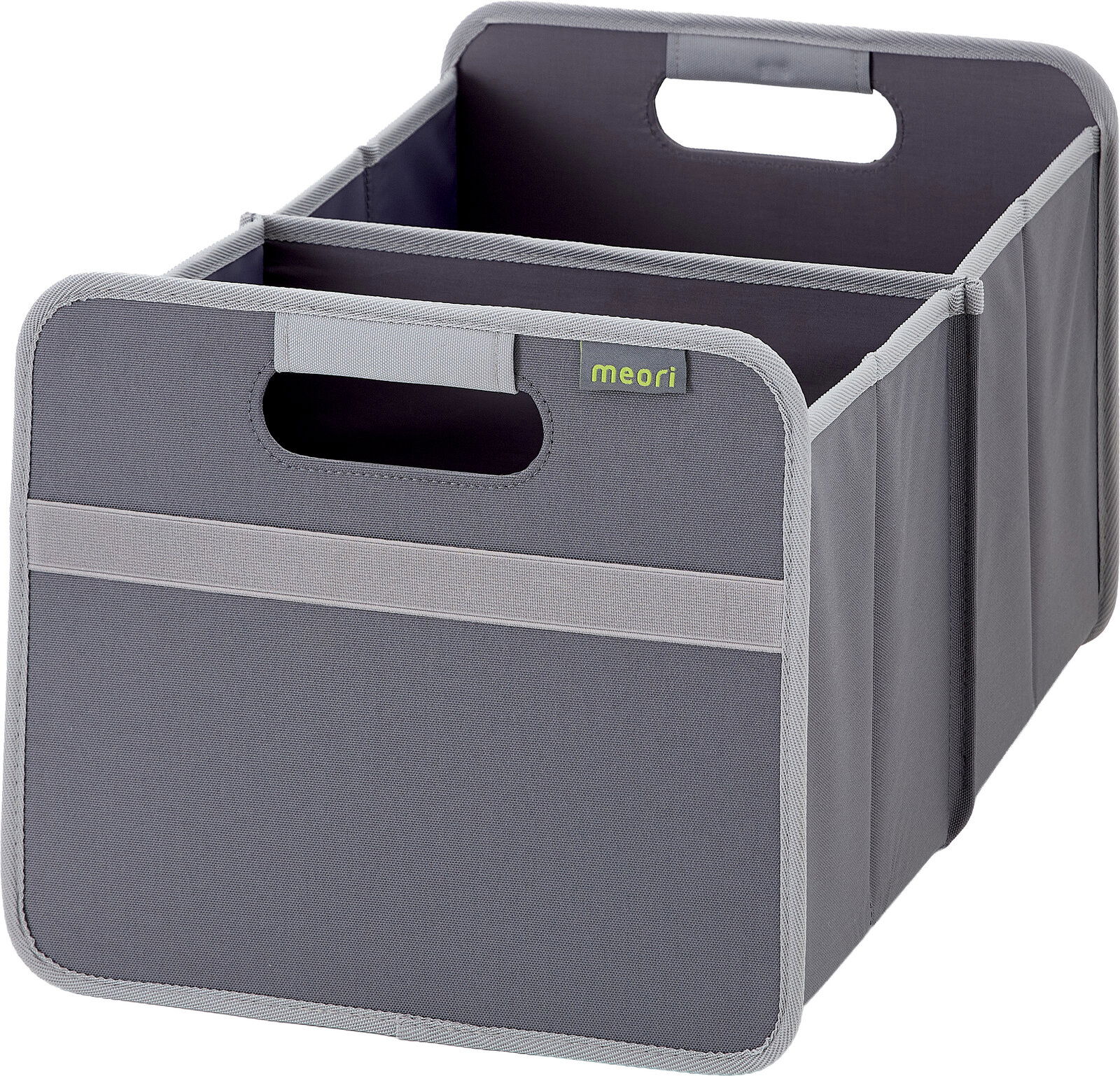 Graue faltbare Aufbewahrungsbox/Organizer mit zwei Fächern und Tragegriffen, Frontansicht in leichter Schrägperspektive von vorn links
