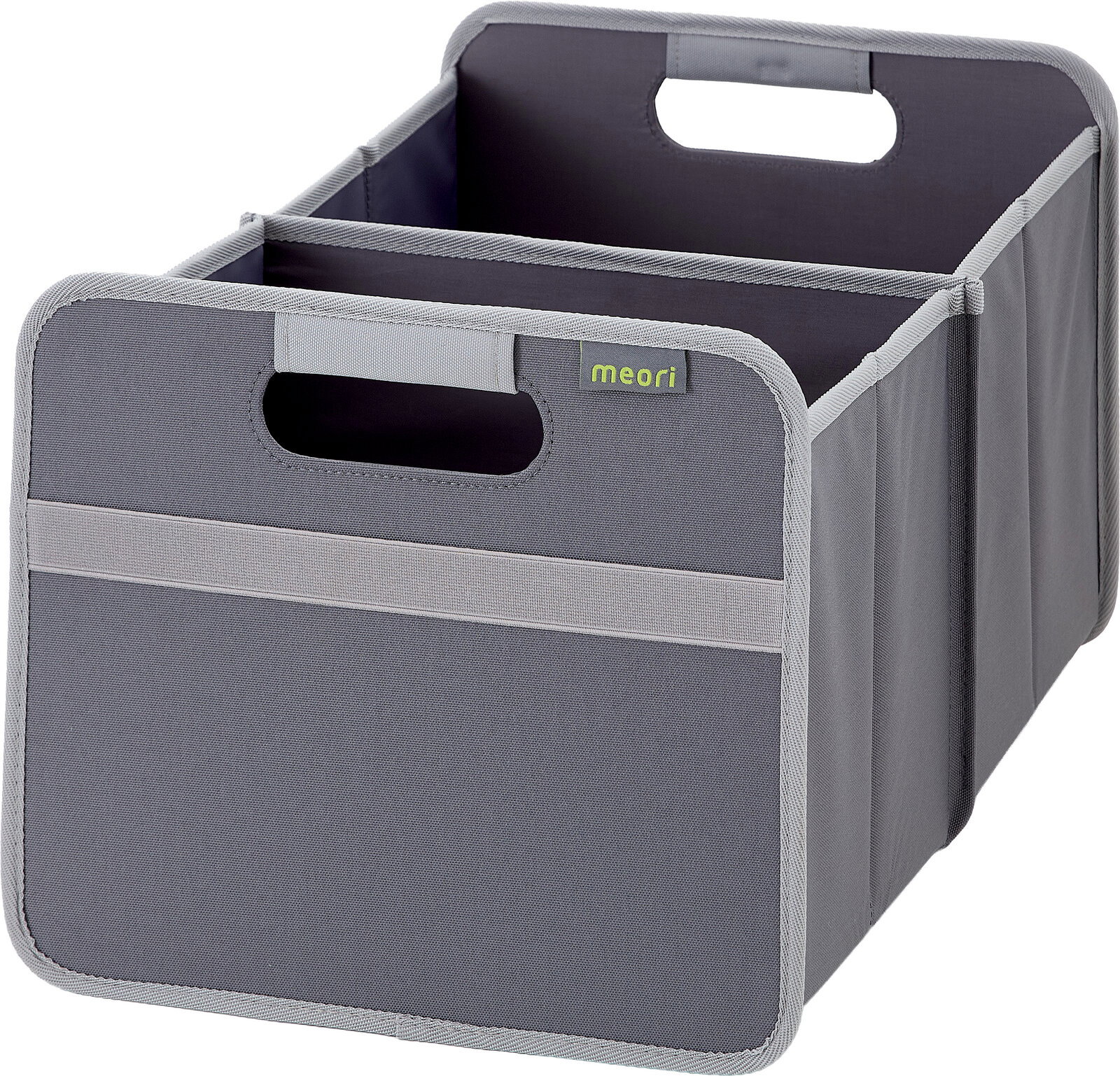 Graue faltbare Aufbewahrungsbox/Organizer mit zwei Fächern und Tragegriffen, Frontansicht in leichter Schrägperspektive von vorn links