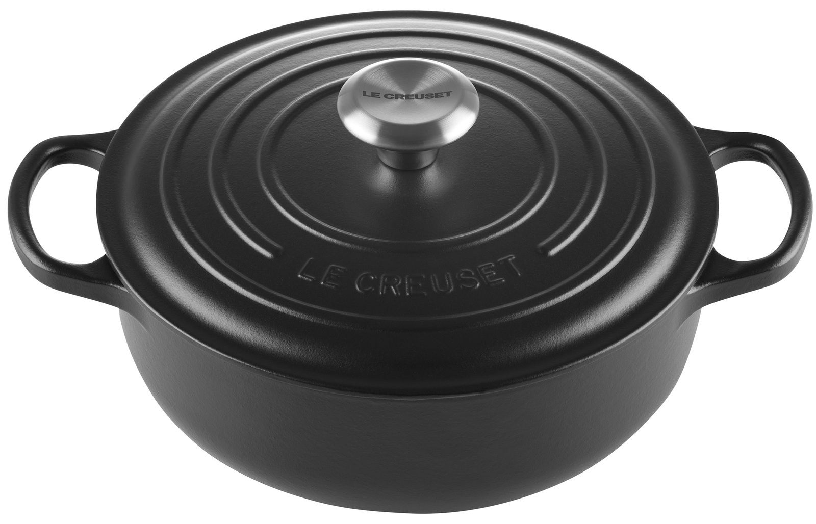 LE CREUSET Sauteuse 24 cm Schwarz SIGNATURE Schwarzer Le Creuset Bräter mit Deckel, seitliche Perspektive
