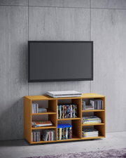Modernes TV-Lowboard in Holzoptik mit offenen Fächern für DVDs und CDs, frontale Perspektive, unter einem an der Betonwand montierten Flachbildfernseher