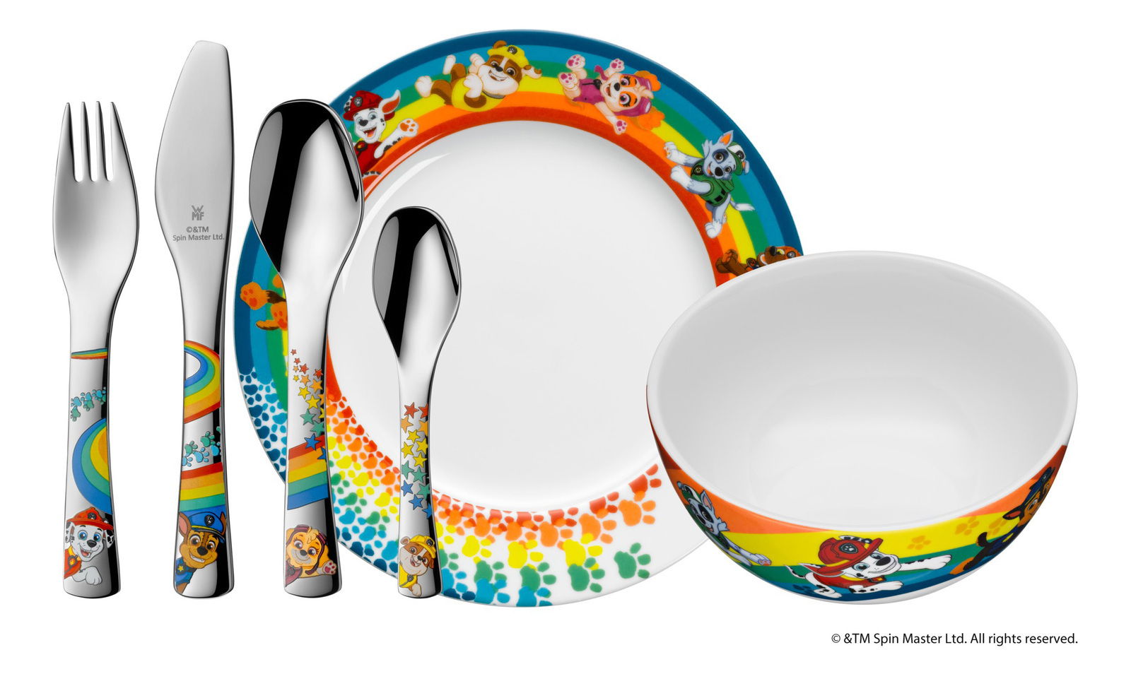 WMF Kinderset 6-tlg. Paw Patrol Kinderset mit Paw Patrol-Motiven, bestehend aus Teller, Schüssel und Besteck, aus der Vogelperspektive fotografiert.