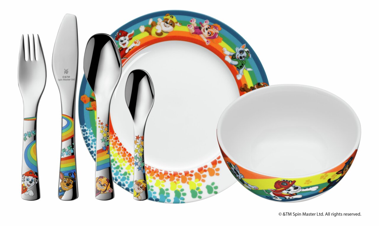 WMF Kinderset 6-tlg. Paw Patrol Kinderset mit Paw Patrol-Motiven, bestehend aus Teller, Schüssel und Besteck, aus der Vogelperspektive fotografiert.