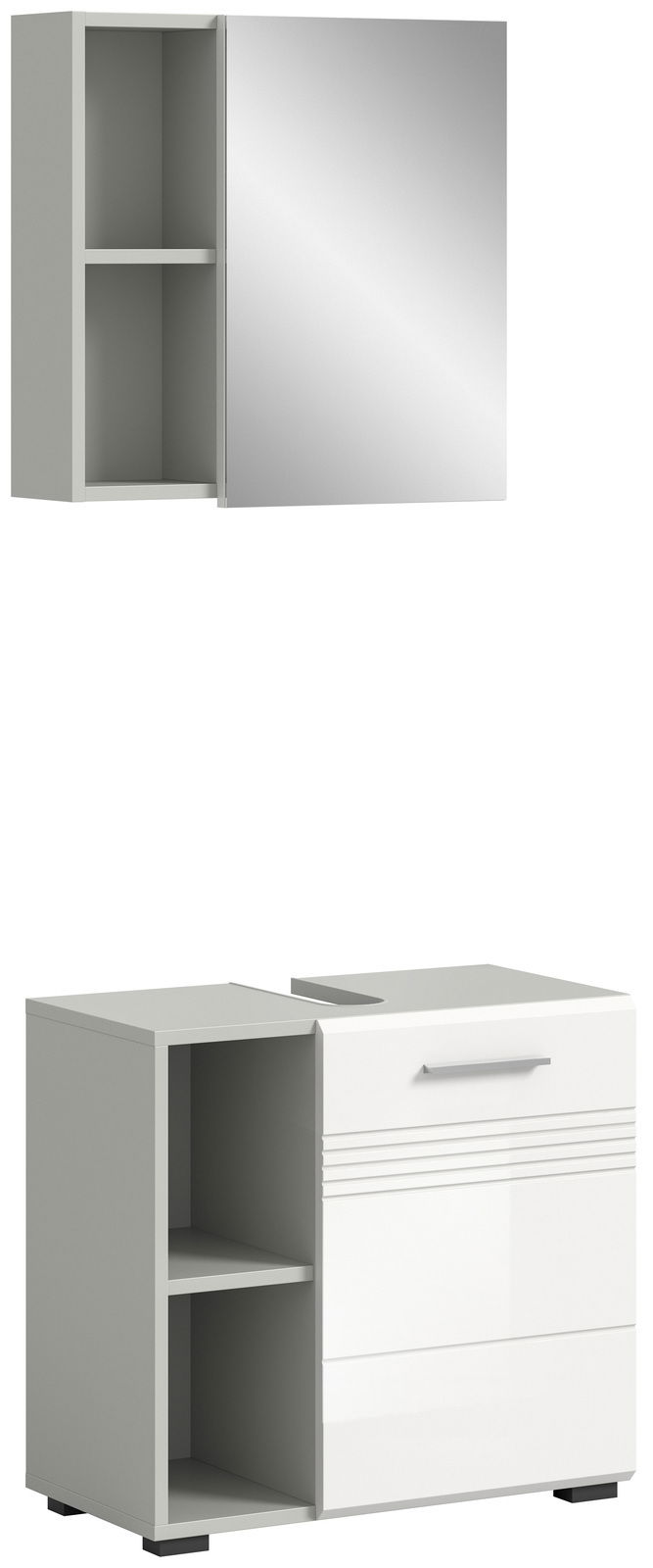 MID.YOU Badkombination COPA Badezimmerkombination bestehend aus einem Spiegelschrank mit zwei offenen Fächern und einem Unterschrank mit Schublade und offenen Regalfächern, seitliche Perspektive