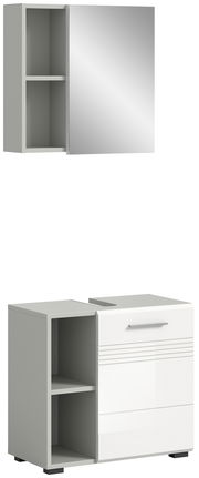 Badezimmerkombination bestehend aus einem Spiegelschrank mit zwei offenen Fächern und einem Unterschrank mit Schublade und offenen Regalfächern, seitliche Perspektive