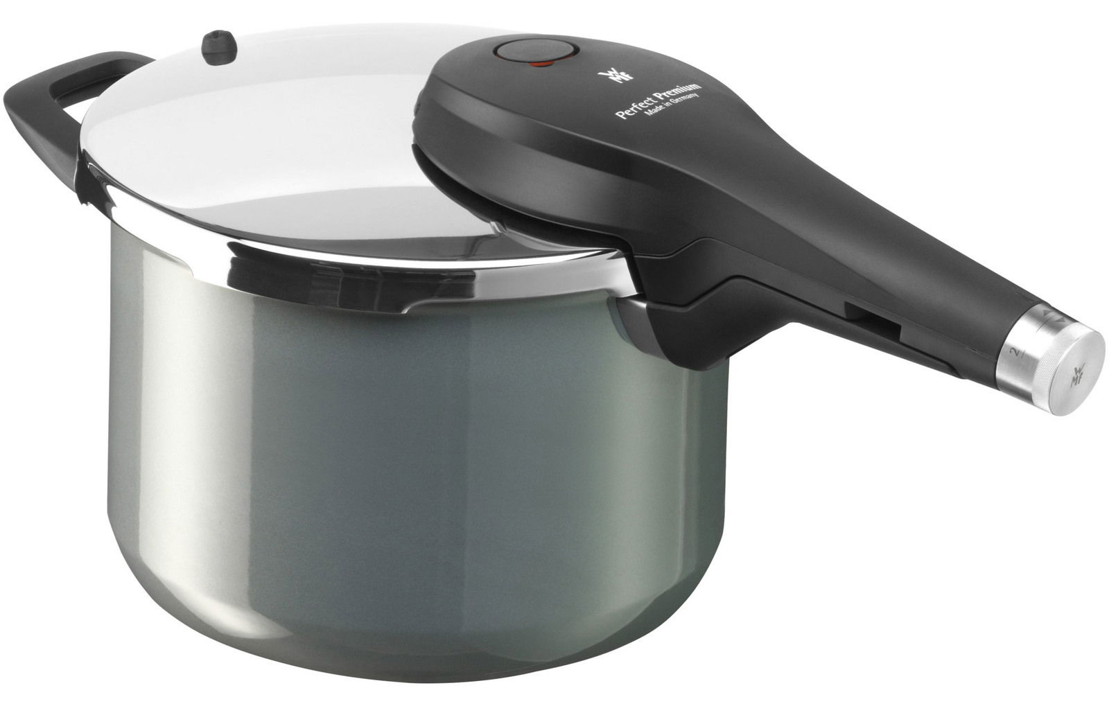Schnellkochtopf Fusiontec Perf aus seitlicher Perspektive mit schwarzem Griff und glänzendem Deckel.