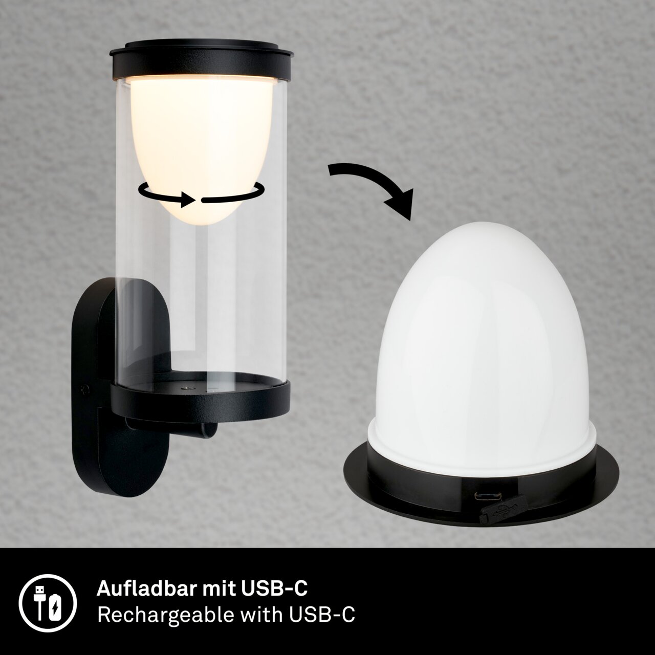 Akku-Außenwandleuchte mit USB-C Ladefunktion, seitliche Ansicht