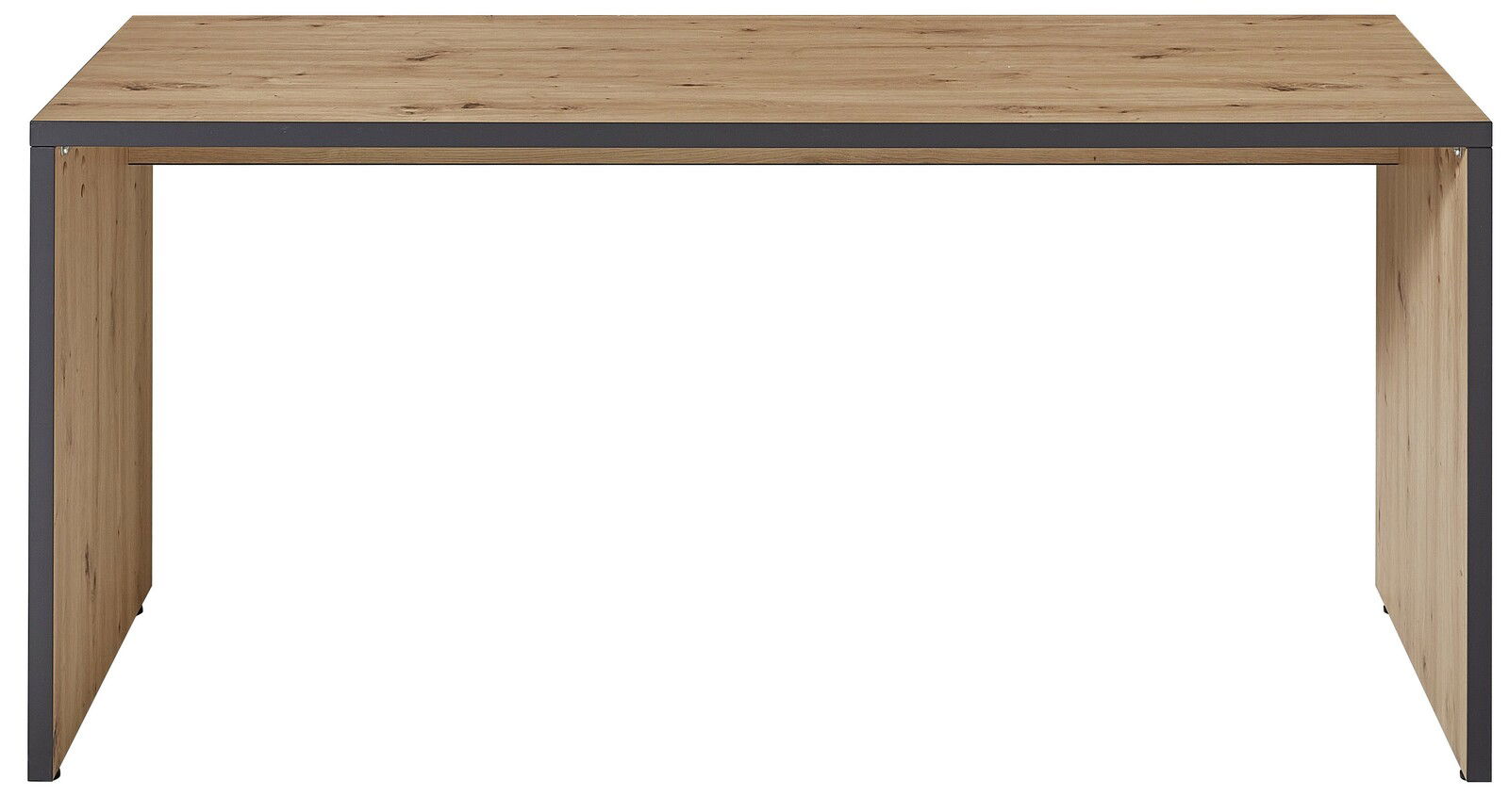 Moderner Schreibtisch aus Holz mit Metallrahmen, Frontalansicht