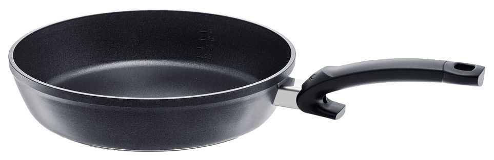 Schwarze levital comfort Pfanne 28cm mit ergonomischem Griff, seitliche Perspektive