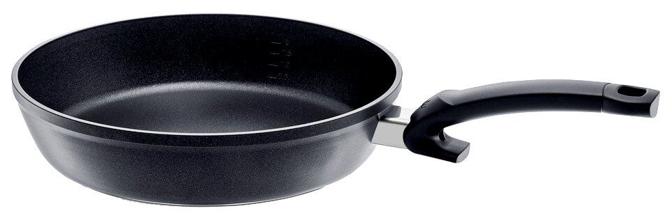 Schwarze levital comfort Pfanne 28cm mit ergonomischem Griff, seitliche Perspektive