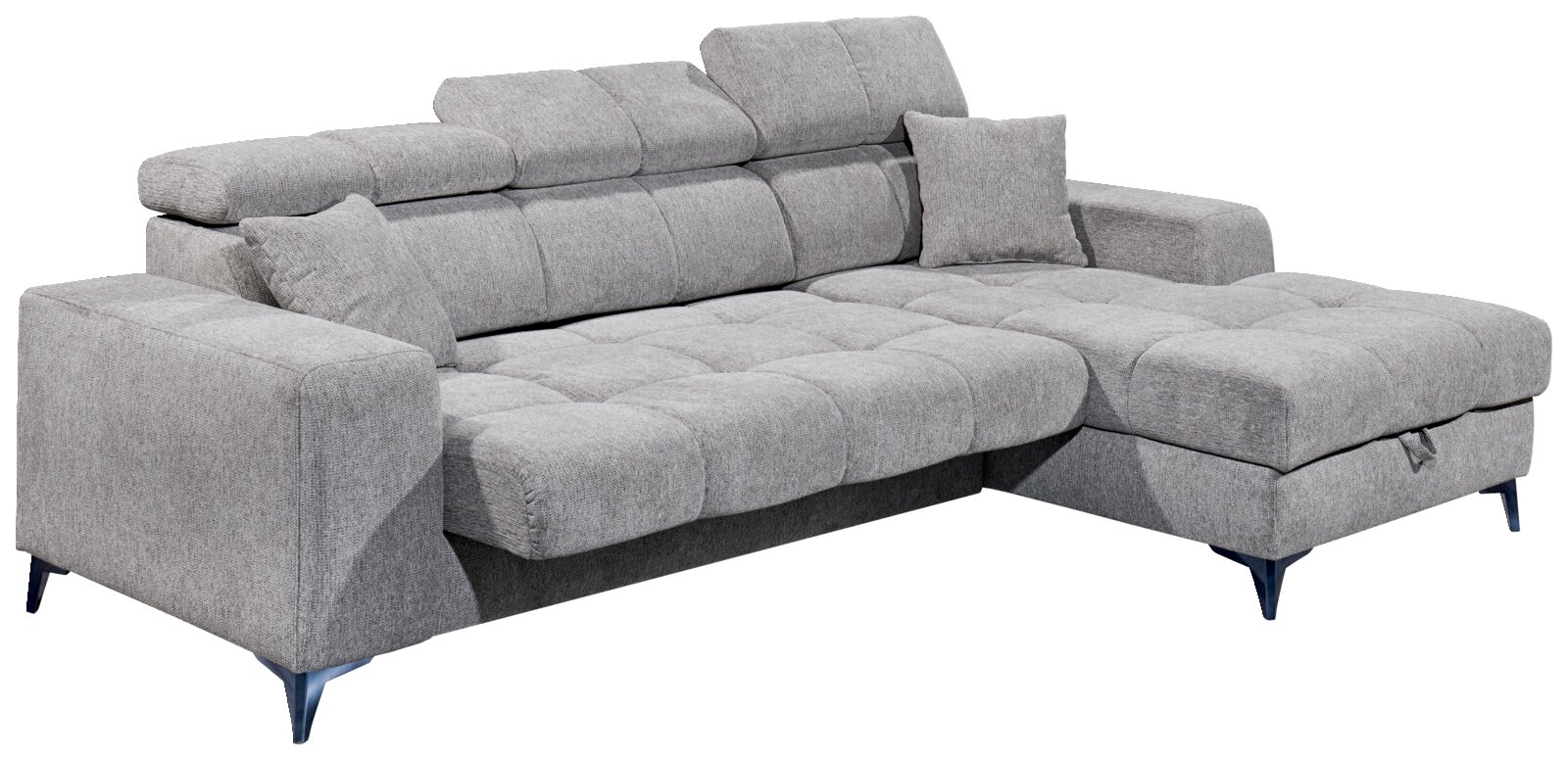 Graues Ecksofa mit verstellbaren Kopfstützen und Kissen, Perspektive von vorne links