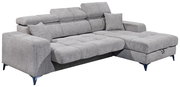 Graues Ecksofa mit verstellbaren Kopfstützen und Kissen, Perspektive von vorne links
