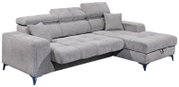 Graues Ecksofa mit verstellbaren Kopfstützen und Kissen, Perspektive von vorne links