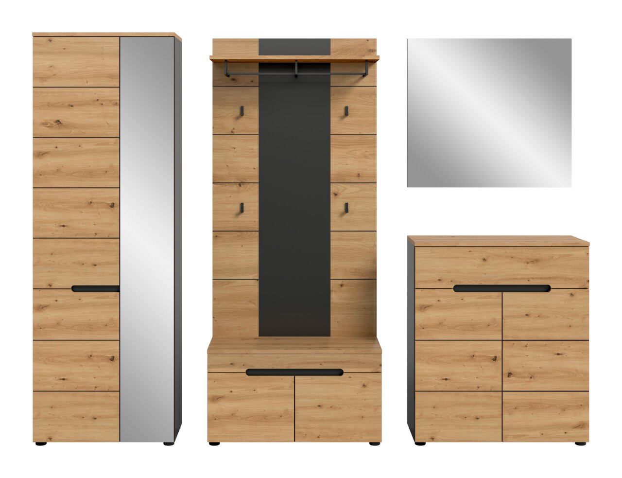Garderobenmöbel-Set in Eiche-Optik mit schwarzen Griffleisten: hoher Schrank mit grauer Front, Garderobenpaneel mit Spiegel und Ablage sowie Kommode; Ansicht von vorne auf weißem Hintergrund.