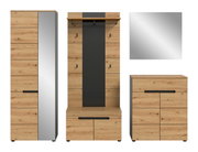 Garderobenmöbel-Set in Eiche-Optik mit schwarzen Griffleisten: hoher Schrank mit grauer Front, Garderobenpaneel mit Spiegel und Ablage sowie Kommode; Ansicht von vorne auf weißem Hintergrund.