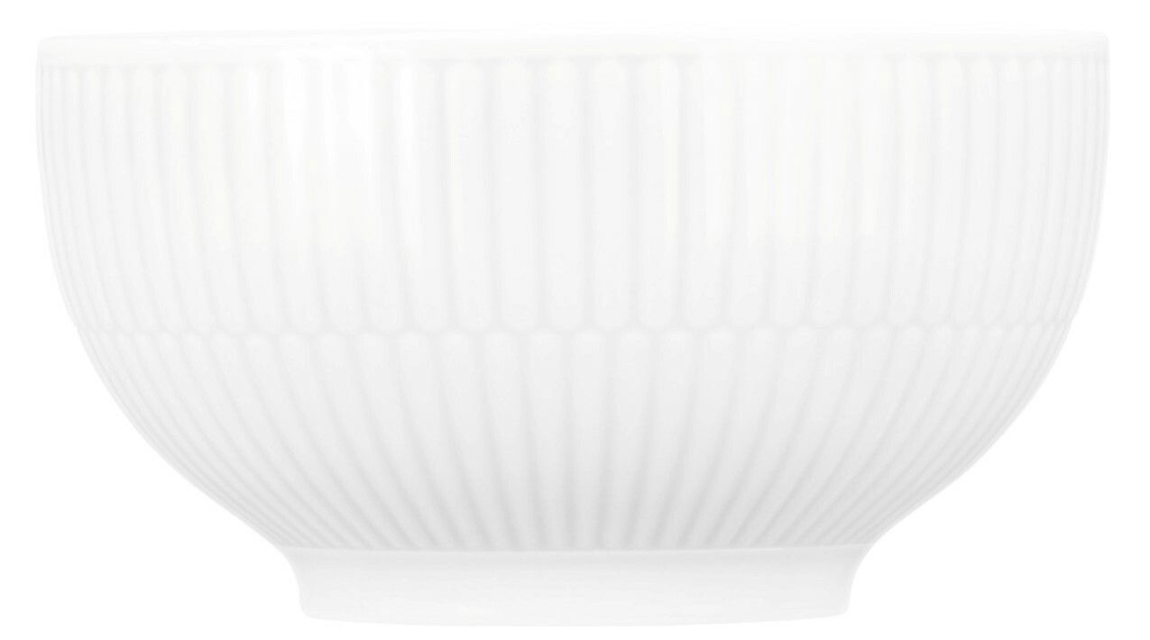 Weiße Café au lait Schale mit geriffeltem Design, seitliche Perspektive