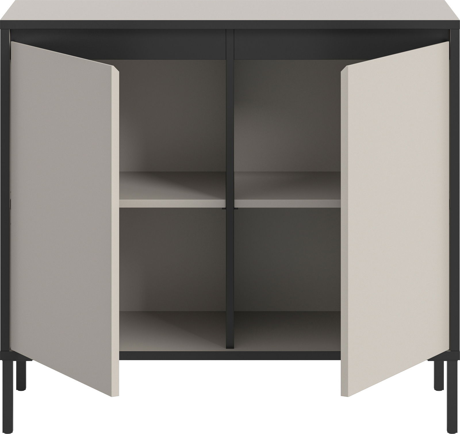 Kommode mit zwei offenen Türen, zeigt Innenfächer, Frontansicht