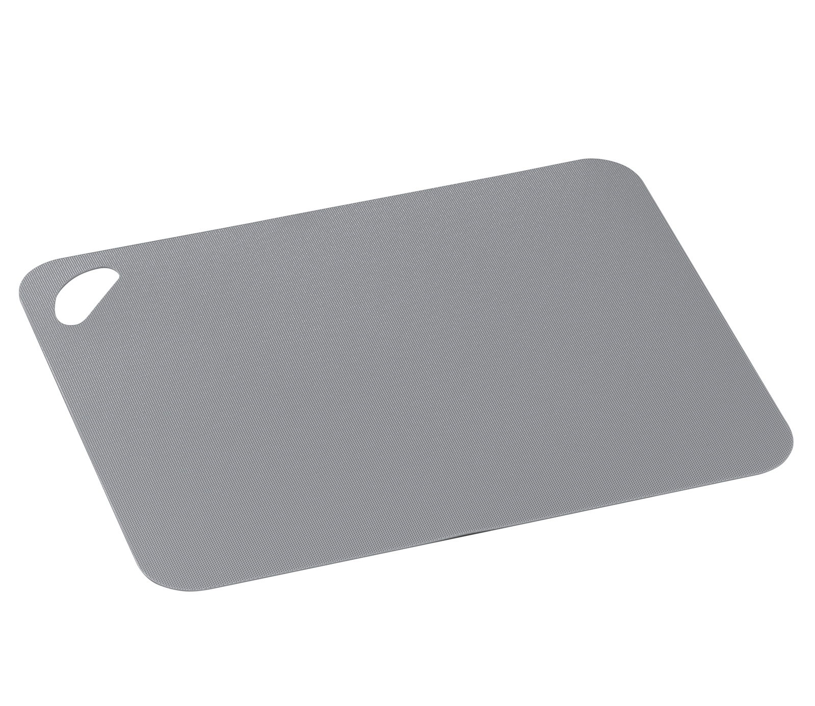 Graue Schneidunterlage 38x29cm, leicht schräg von oben fotografiert, mit abgerundeten Ecken und Griffloch.
