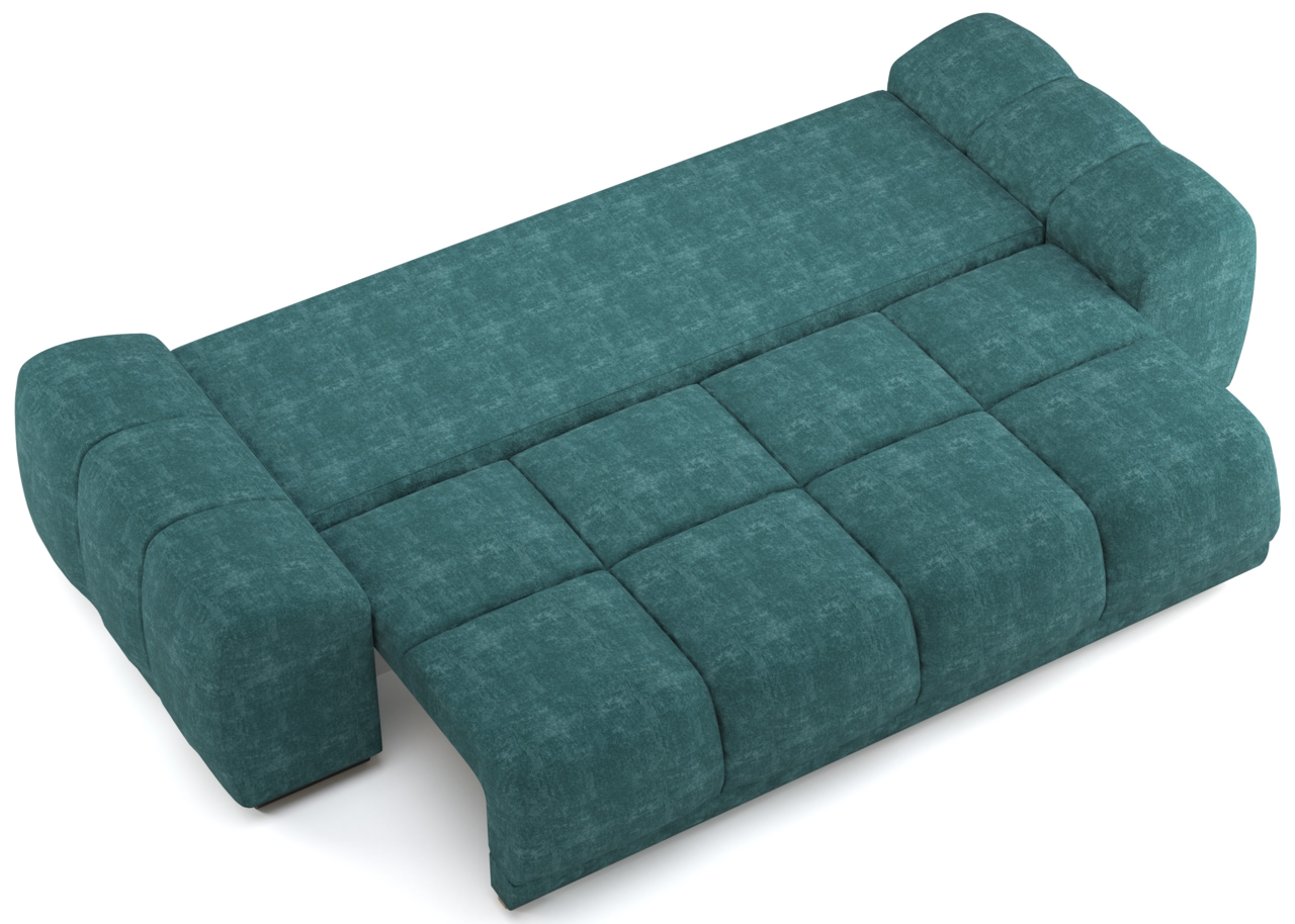 Funktionssofa in Türkis, von oben betrachtet, in ausgeklappter Position.
