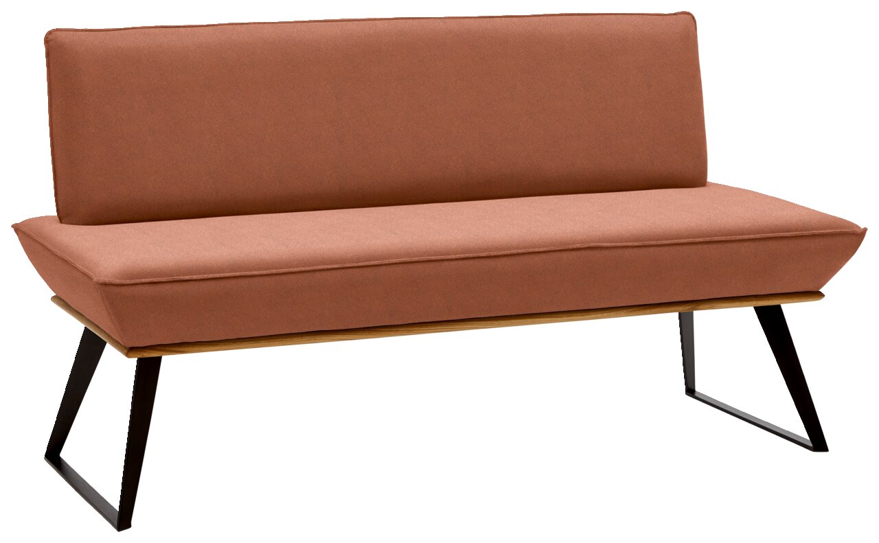 Voleo Bank 180 cm MALIBU Moderne Bank mit braunem Stoffbezug und schwarzen Metallbeinen, seitliche Perspektive