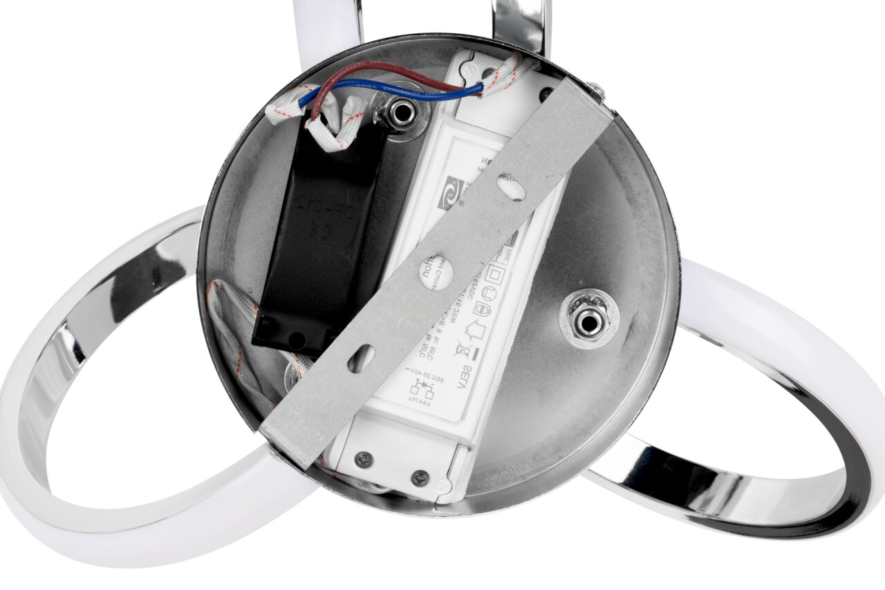 Rückansicht einer LED-Deckenleuchte mit sichtbarer Verkabelung und Metallhalterung.