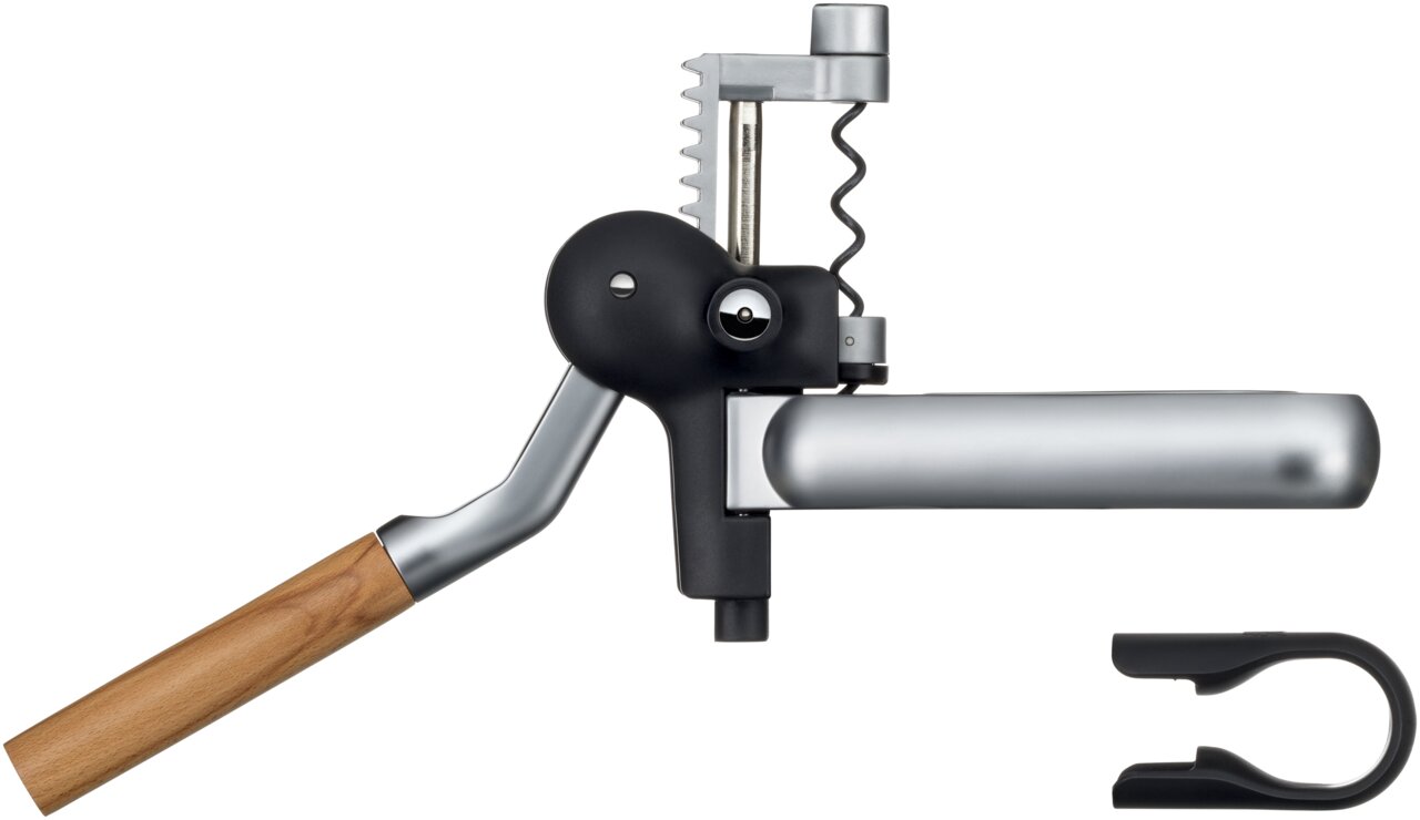 Zijaanzicht van de WMF Baric kurkentrekker met hefboom, met houten handvat en zilveren hefboom, inclusief foliesnijder.