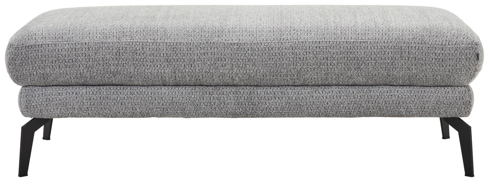 Grauer Hocker mit Stoffbezug und schwarzen Metallbeinen, seitliche Perspektive