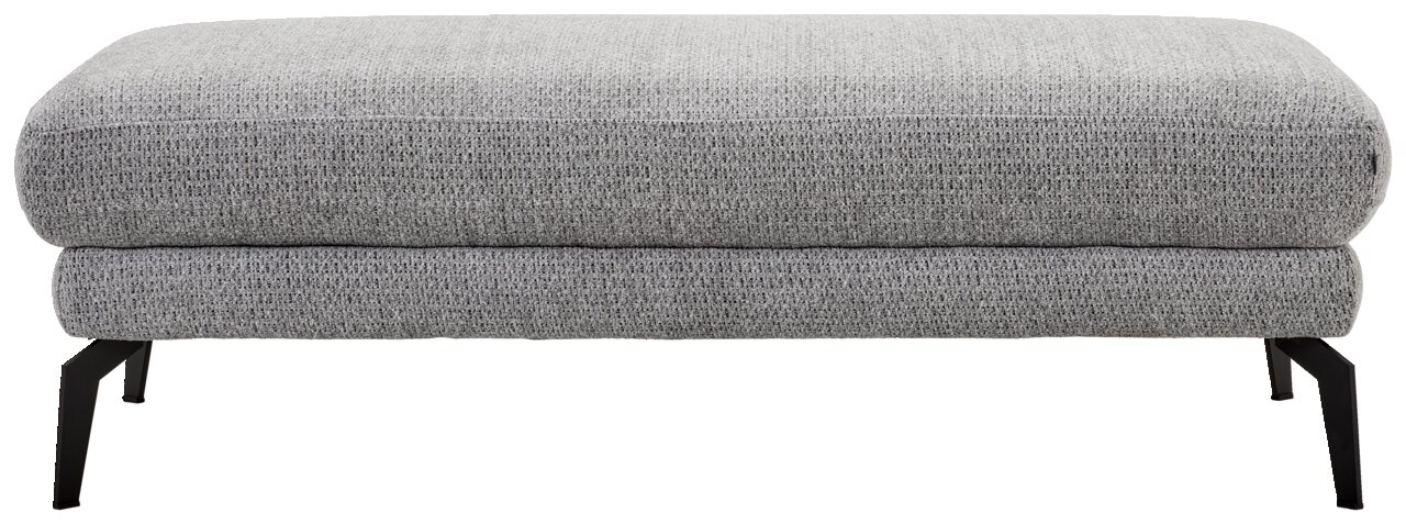 Grijze poef met stoffen bekleding en zwarte metalen poten, zijaanzicht