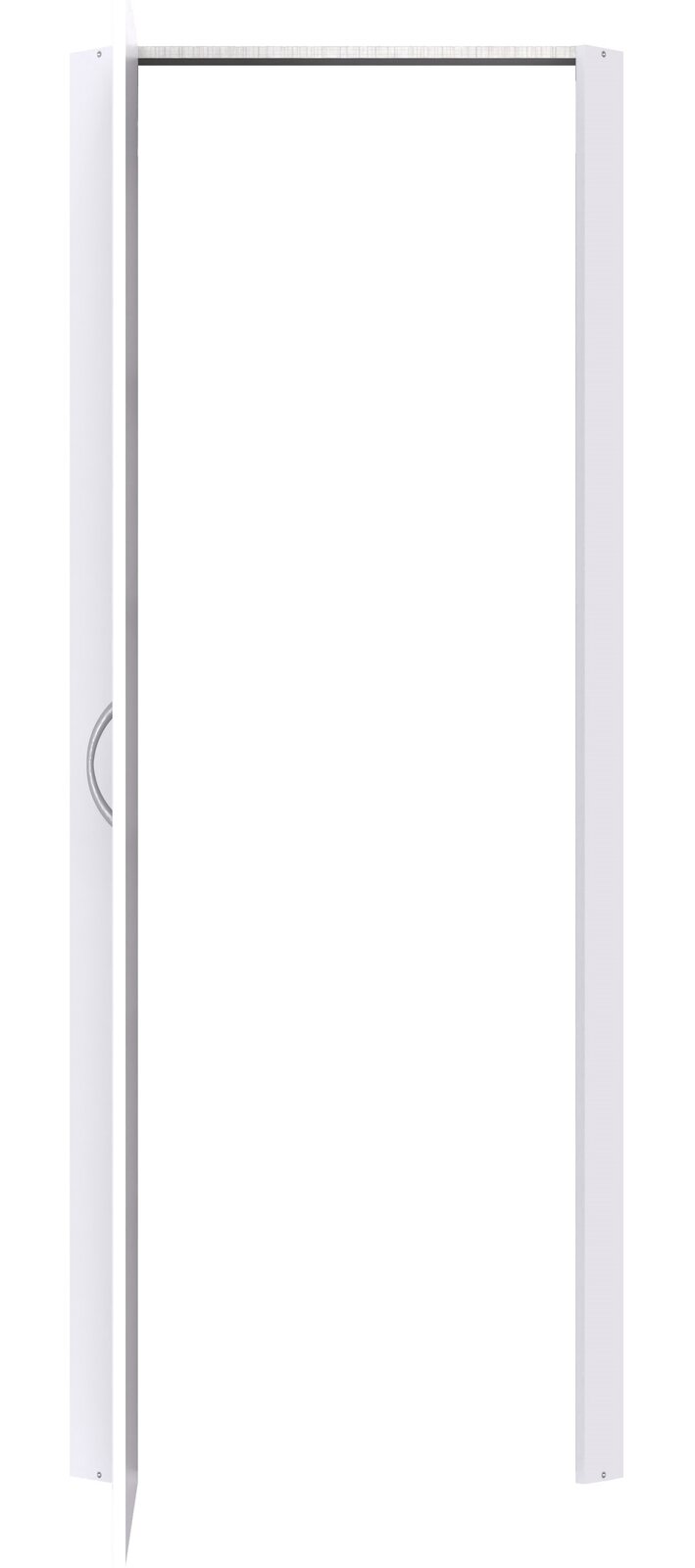 Weiße Eckschranklösung mit geöffneter Tür, seitliche Perspektive