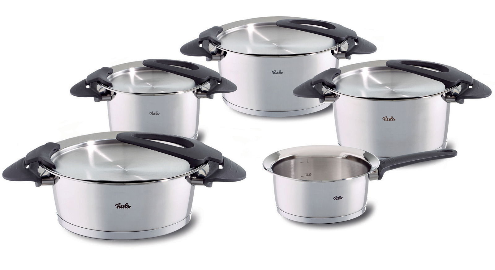 Fissler Topfset Intensa 5-tlg. matt Fünfteiliges Topfset Intensa aus Edelstahl mit schwarzen Griffen, aus der Vogelperspektive fotografiert.