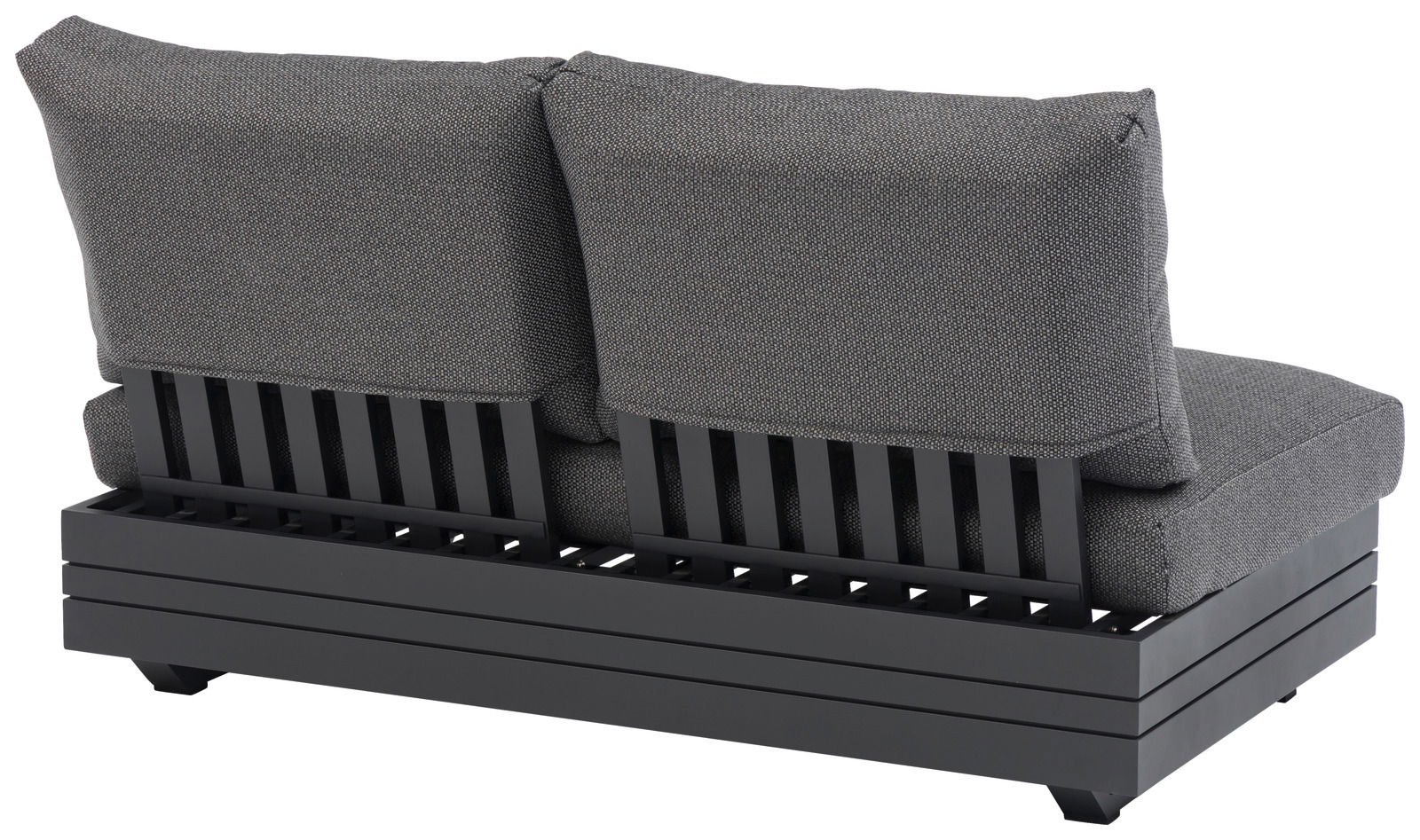 Rückansicht eines 2-Sitzer Loungeelements mit grauen Kissen und schwarzem Metallrahmen.
