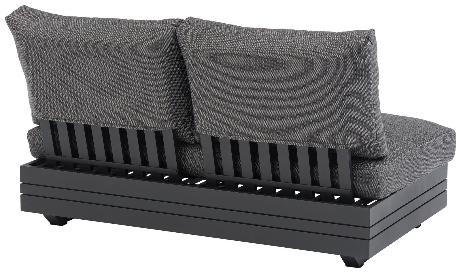 Rückansicht eines 2-Sitzer Loungeelements mit grauen Kissen und schwarzem Metallrahmen.