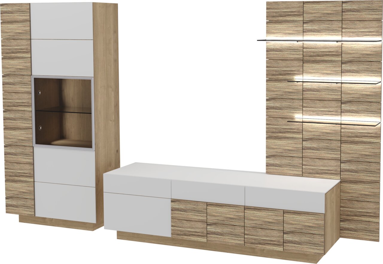 Moderne Wandkombination aus Holz und Weiß mit Schränken und Regalen, seitliche Perspektive