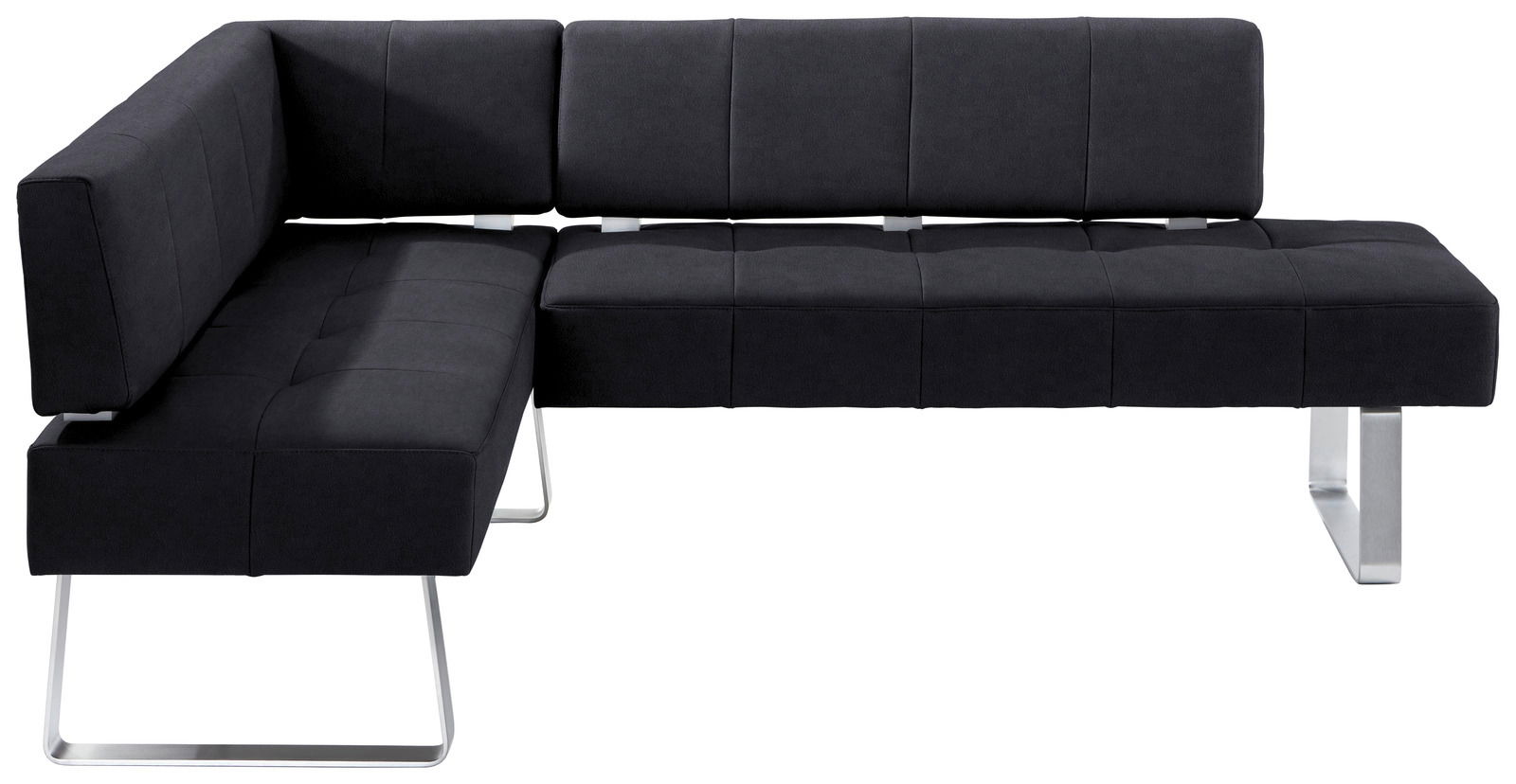 Moderne schwarze Eckbank mit Metallbeinen, seitliche Perspektive