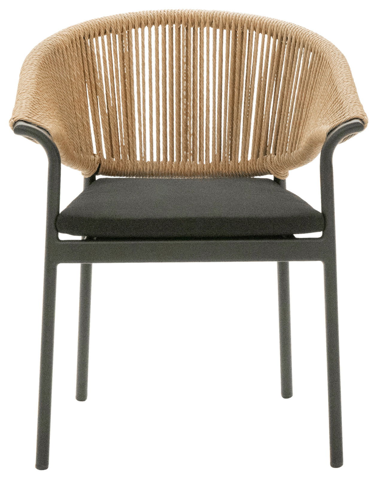 Moderner Gartensessel mit geflochtener Rückenlehne und schwarzem Sitzpolster, Frontalansicht