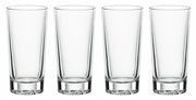 Vier hohe, schlanke Longdrinkgläser aus klarem Glas, frontal nebeneinander aufgereiht.