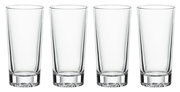 Vier hohe, schlanke Longdrinkgläser aus klarem Glas, frontal nebeneinander aufgereiht.