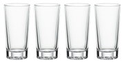 Vier hohe, schlanke Longdrinkgläser aus klarem Glas, frontal nebeneinander aufgereiht.