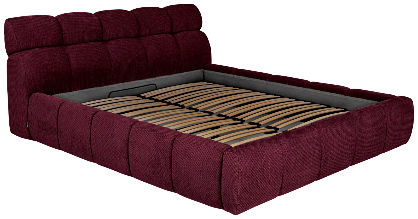Gestoffeerd bedframe in bordeauxrood met lattenbodem, zijaanzicht