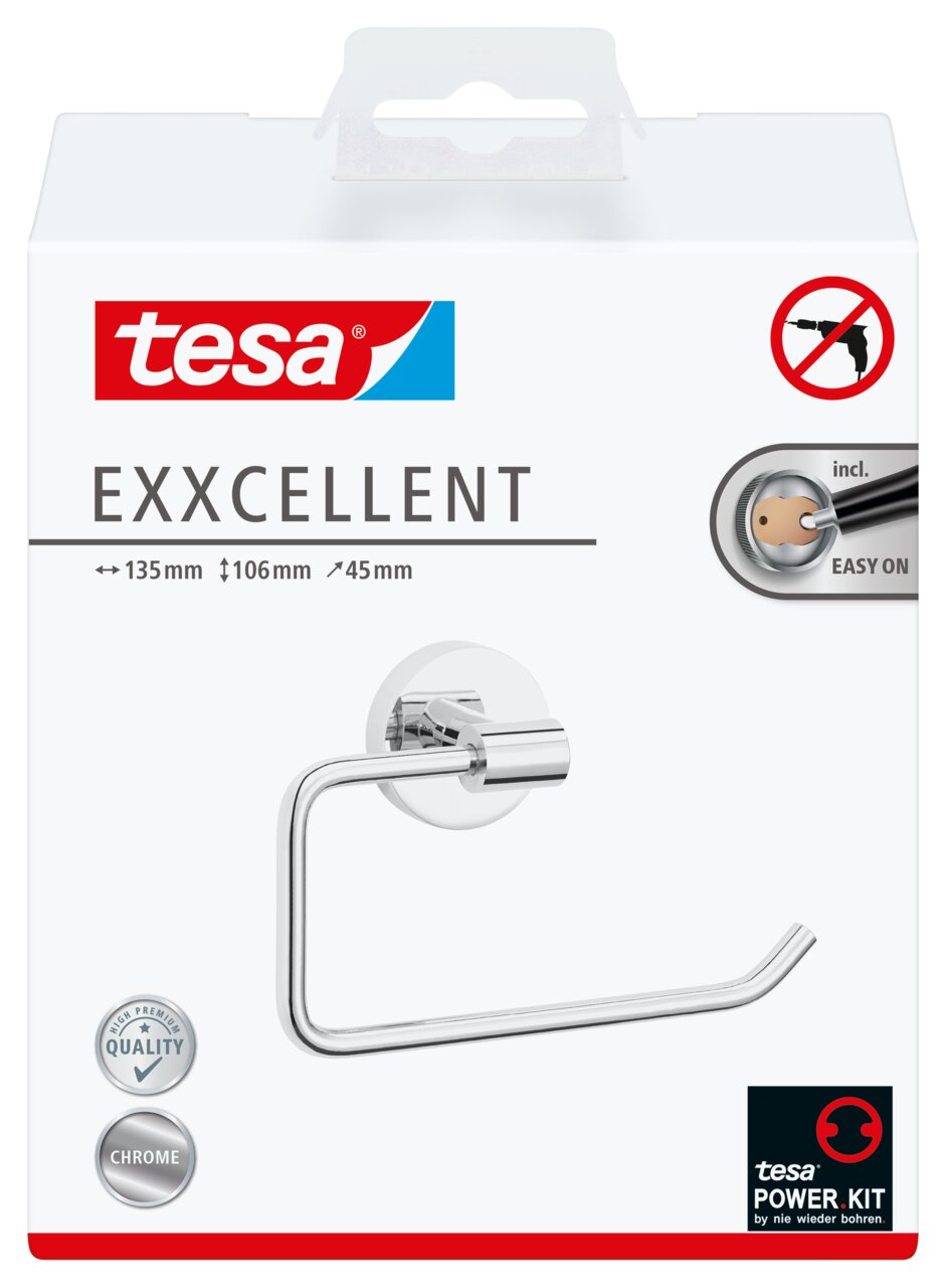 Verpackung des tesa Exxcellent Toilettenrollenhalters in Chromoptik, Vorderansicht