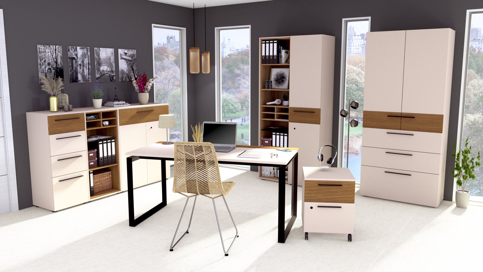 Novel Schreibtisch FLORIDA Moderner Schreibtisch in einem stilvollen Büro mit Blick auf große Fenster und eleganter Dekoration, aus der Perspektive von vorne.