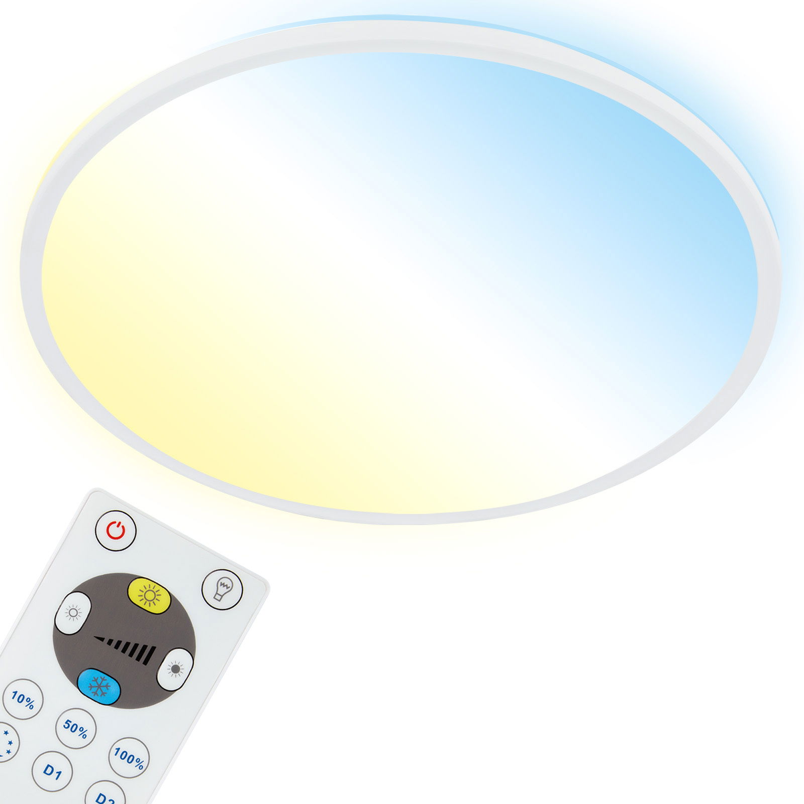 Runde LED-Deckenleuchte mit Fernbedienung, seitliche Perspektive